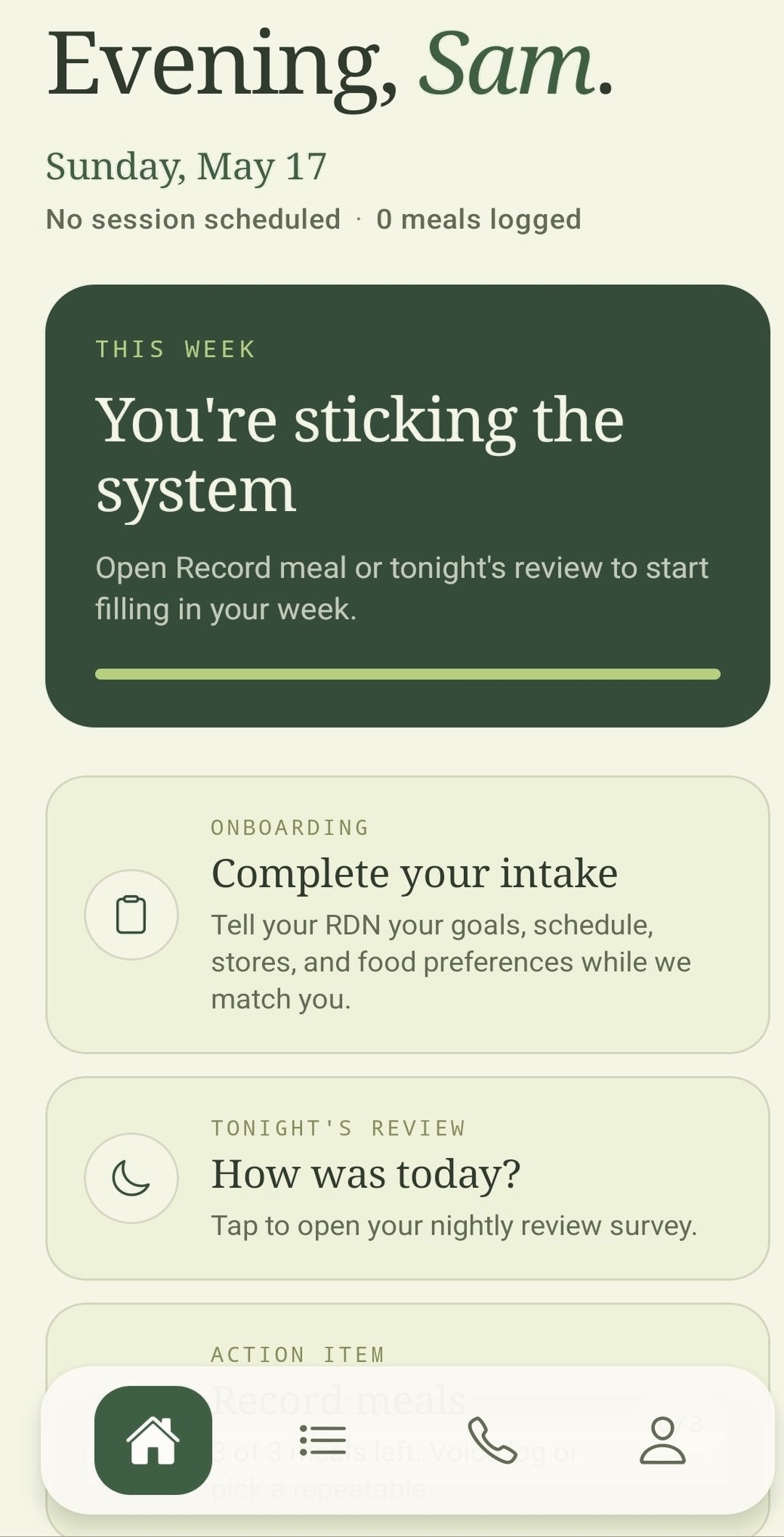 Eatrivo app home screen showing Evening, Sam, weekly progress, onboarding, and review cards